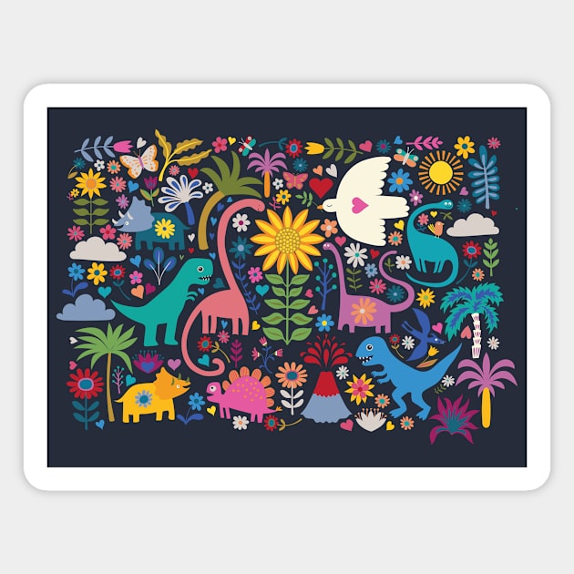 Peace, love and dinosaurs - happy fun floral by Cecca Designs Magnet by Cecca